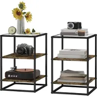 Northio lot de 2 tables basses, table d'appoint avec plateau en verre, table de salon à 3 niveaux, table basse pour salon, chambre, entrée, 37 x 40 x 55,5 cm, brun rustique