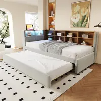 Flieks Lit de jour Canapé-lit 90x200cm avec lit gigogne, lit rembourré Canapé-lit avec fonction de chargement & LED, lit simple en bois Daybed, velours, gris clair
