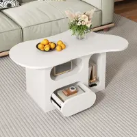 Merax Table basse en forme de nuage 97x45x43,5cm, Table de salon avec tiroirs et étagères ouvertes, Table d'appoint blanche pour le salon, Design moderne