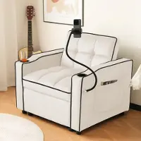 MODFU Fauteuil Convertible - 1 Place Avec Porte-Gobelets et Support Téléphone Tissu Velours Beige
