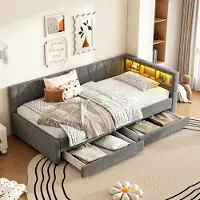 Flieks Lit rembourré Canapé-lit 90x200cm avec 2 tiroirs & LED, lit de jour avec fonction de charge(USB&Typ C), lit simple avec compartiment de rangement, lin, gris