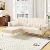 OKWISH Canapé d’Angle Convertible 3 Places avec Méridienne et Dossier Réglable - Velours - 191,5×130,5×80 cm - Beige