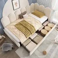 OKWISH Lit Banquette 90x190 cm - Lit Enfant Capitonné avec 2 Tiroirs de Rangement et Sommier à Lattes, en Velours - sans Matelas - Beige