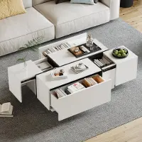 Merax Table basse haute brillance avec 4 tiroirs et plateau coulissant, table de salon au design patchwork, table basse moderne, 100x60x40 cm, blanc