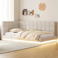 MODFU Lit Gigogne 90x200 cm - Lit Simple avec Coffres Réversibles et Éclairage LED, Rangement Pratique, Tissu Contreplaqué MDF, Sans Matelas - Beige