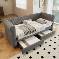 Flieks Canapé-lit Lit rembourré 90x200cm avec 2 tiroirs, lit de jeunes lit simple lit de rangement avec sommier à lattes, lit fonctionnel lit de jour, lin, gris