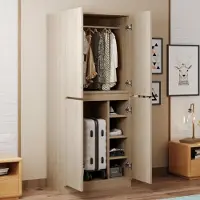 OKWISH Armoire 2 Portes Avec Étagères De Rangement - Meuble Compact En Bois Et Métal Pour Chambre - 70x40x170 cm - Naturel