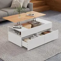 Merax Table basse réglable en hauteur 100x50cm avec 2 tiroirs et espace de rangement caché, table de salon en aspect bois blanc, table avec fonction d'élévation, moderne pour le salon