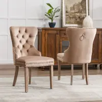 Flieks Chaise de salle à manger, Lot de 2, Chaise de cuisine avec pieds en bois massif et anneau de traction, Chaise rembourrée Chaise de salle à manger avec revêtement en velours, Marron