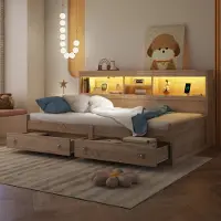 Flieks Canapé-lit Lit de jour en bois avec fonction de chargement, Lit pour adolescents Lit simple avec 2 tiroirs, Canapé-lit Daybed Lit fonctionnel Lit d'invité avec LED, bois