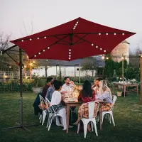 Jiubiaz Parasol rouge LED solaire Ø300cm Parapluie de jardin Parasol de marché Manivelle Balcon Alu Inclinable