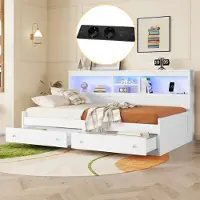 MODFU Lit Banquette 90x200 cm - Lit Simple Enfant/Ado avec Éclairage LED et Ports USB - Sans Matelas - MDF + Panneau de Particules - Blanc