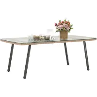 Outsunny Table basse de jardin en résine tressée avec plateau en verre trempé 5 mm, table d'appoint pour terrasse, patio, balcon, extérieur, cadre en acier 110 x 60 x 40 cm, aspect bois naturel