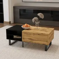 OKWISH Table Basse - Table Moderne avec Tiroir Latéral et Compartiment Ouvert - Structure MDF et Panneaux de Particules - Bois et Noir - 100x50x40 cm