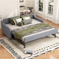 Merax Lit de jour 90x200cm/180x200cm Lit gigogne, Canapé-lit extensible avec USB et sommier à lattes, Lit rembourré en lin Lit d'enfant Canapé-lit, Gris