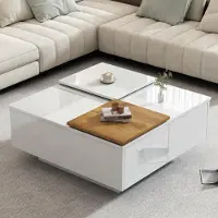 Merax Table basse carrée brillante avec plateau coulissant et 4 tiroirs, table d'appoint avec étagères, blanc brillant