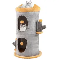 Costway Ø48 x 83 cm Tonneau à griffer , Tonneau de jeu avec 2 cavités pour chats, Design séparé, Lit pour chat, 2 balles&poteaux, Arbre à chat Arbre à chat, Maison pour chat Gris