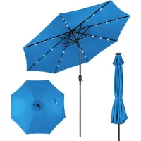 Costway Parasol 300cm avec 8 baleines, éclairage solaire LED & manivelle, Parasol de jardin pliable des deux côtés à 30°, Parasol de terrasse bleu