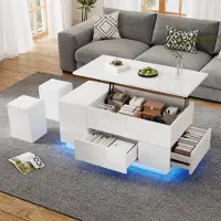 MODFU Table Basse - Table Élévatrice avec 2 Tiroirs, Éclairage LED, Design Moderne, 100x50x45 cm, Blanc