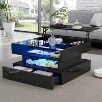 Merax Table basse hydraulique avec plateau relevable, table de salon avec éclairage LED par application, surface en verre, 2 tiroirs, noir