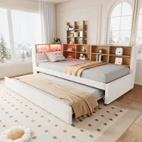 Flieks Lit de jour Canapé-lit 90x200cm avec lit gigogne, lit rembourré Canapé-lit avec fonction de chargement & LED, lit simple en bois Daybed, velours, beige