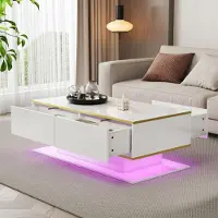 Merax Table basse LED haute brillance avecReproduction doré, table de salon avec 3 tiroirs et 1 compartiment de rangement ouvert, table de salle à manger avec bandes décoratives dorées,Blanc