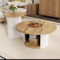 Merax table basse ronde 2 pièces en MDF, set de table de salon flexible avec lattes en bois naturel, espace de rangement & table d'appoint, design nordique, blanc