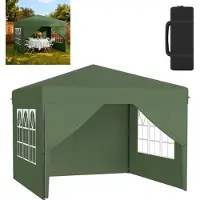 XMTECH Tente pliante Pop-Up Pavillon 2,5 x 2,5 m, imperméable et protection UV, montage rapide à l'aide d'un seul bouton, hauteur réglable sur 3 niveaux, verte (avec parois latérales)