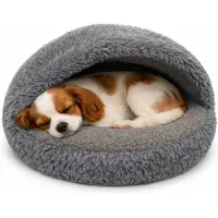 Odol-Plusz Lit rond pour chien et chat 80 cm, gris, bouclé shaggy, design sac de couchage, lit douillet et chaud, fond antidérapant, lavable en machine