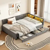 OKWISH Lit Banquette 140x200 cm - Lit Double avec USB et Type-C, Éclairage LED d’Ambiance et Compartiment de Rangement, en Tissu Lin, sans Matelas, Gris