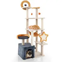 Costway Arbre à chat 160 cm, arbre à chat à plusieurs étages avec poteau et planche à griffer en sisal, maison, siège en peluche, plates-formes, jouets suspendus, balle à sauter Tour pour chats