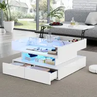 Merax Table basse hydraulique avec plateau relevable, table de salon avec éclairage LED par application, surface en verre, 2 tiroirs, blanc