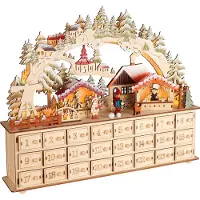 Ed Brubaker Calendrier de l'Avent à remplir - Village de Noël - Calendrier de Noël en bois de 40 cm avec éclairage LED - Village avec enfants - Illuminé
