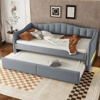 MODFU Lit Gigogne 90x200 cm - Lit Simple en Lin - Sans Matelas - Gris