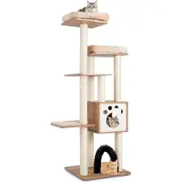 StarTech.com Arbre à chat - 176 cm de hauteur - 5 niveaux - Bois - Grotte - Arc à brosses - Pour grands chats - Blanc