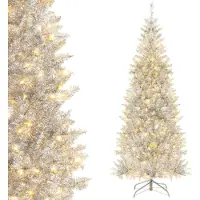 StarTech.com Sapin de Noël artificiel - Sapin de Noël étroit en guirlande métallique 180 cm - Lumières LED blanc chaud - Support métallique - Argent