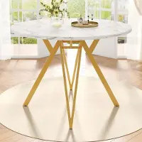 SUCCESS COURIER Table de salle à manger ronde (Ø 100 cm) aspect marbre blanc et doré, table de cuisine moderne pour 4 personnes, table basse avec piètement métallique robuste et pieds réglables, design luxueux