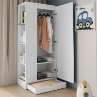 OKWISH Armoire - Armoire Une Porte avec Étagères et Tiroir, Penderie Compacte pour Chambre, Meuble de Rangement Pratique, 70x40x170 cm, Blanc