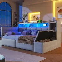 Flieks Canapé-lit Lit de jour 90x190cm avec tabouret de lit hydraulique, lit rembourré simple avec fonction de chargement et Led, lit de jeunes en velours avec étagères, Gris