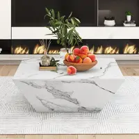 Merax Table basse brillante aspect marbre avec 2 tiroirs, design trapézoïdal