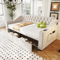 Flieks Canapé-lit Canapé-lit 90x190cm avec 2 tiroirs, lit rembourré lit de jour Daybed avec fonction de chargement, lit de jeunes lit d'hôtes, velours, beige