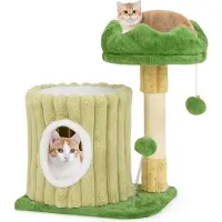 Costway Arbre à chat Petit, Arbre à chat avec plateforme, colonne à griffer en sisal, niche pour chat & 2 balles, bois & peluche, Meubles pour chats Arbre à grimper Vert