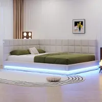 MODFU Lit Gigogne 160x200 cm - Lit Double avec Coffres Réversibles et Éclairage LED, Rangement Pratique, Tissu Contreplaqué MDF, Sans Matelas - Beige