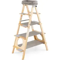 Costway Arbre à chat 151 cm et échelle, arbre à chat à 5 étages avec poteaux à griffer en sisal & aire de repos rembourrée, en pin massif, naturel