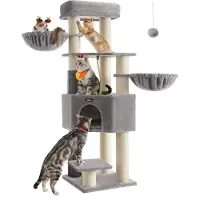 Feandrea Arbre à chat avec couvertures auto-chauffantes, pour grands chats, arbre à chat, 2 brosses pour chats, 9 troncs épais de 11,1 cm de diamètre,