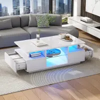 Merax Table basse brillante avec 2 tiroirs et éclairage LED, table de salon avec étagères en verre, table d'appoint multifonctionnelle en MDF, blanche