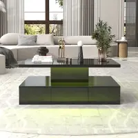 OKWISH Table basse avec tiroirs, éclairage LED et double plateau, finition brillante – noir