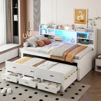 MODFU Lit Gigogne 90x200 cm - Lit Simple Multifonction avec Éclairage LED, 3 Tiroirs, Ports USB Type-C et Table de Chevet, MDF, Blanc
