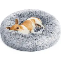 Feandrea Fluffy Lit pour chien, lit pour chat, coussin donut, lavable, rembourrage central amovible, peluche longue, diamètre 50 cm, Ombre gris