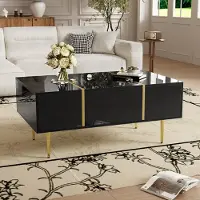 Merax Table basse moderne en noir brillant, 2 tiroirs, avec accents dorés et éléments métalliques dorés, table basse pour 100 x 60 x 41,5 cm